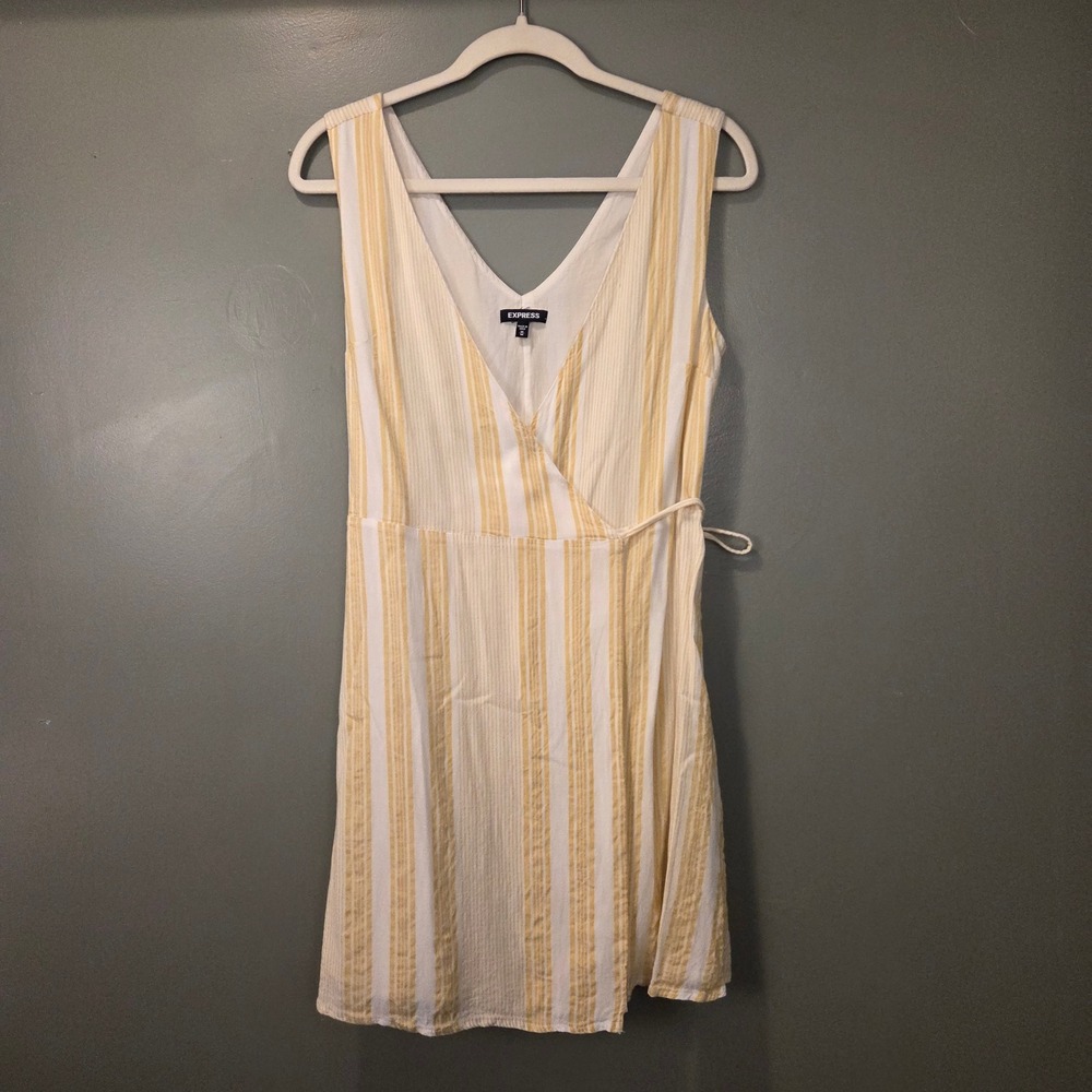 Express Women's Adjustable Wrap Tie Waist Mini Dress Size M Yellow White Stripe